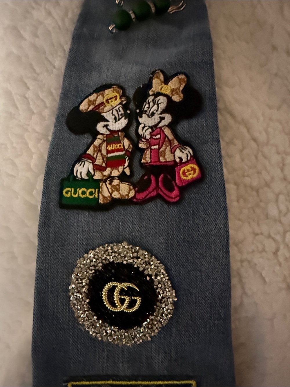 Gucci Blue Denim Tie with Crystal GG and Embroidered Patches - Picture 3 of 5